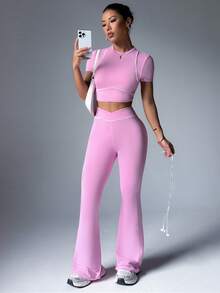 Dewbera Bộ đồ thể thao tập luyện 2 món cổ tròn tay ngắn viền màu tương phản và quần dài ống rộng cho nữ - Hồng - Xem 6