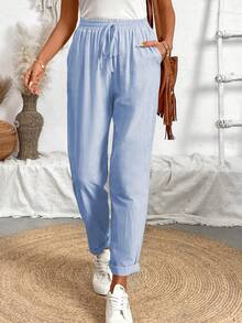 Breezaya Solid Color Drawstring Waist Pocket Casual Pants, Suitable For Holiday - Baby Blue - View 3