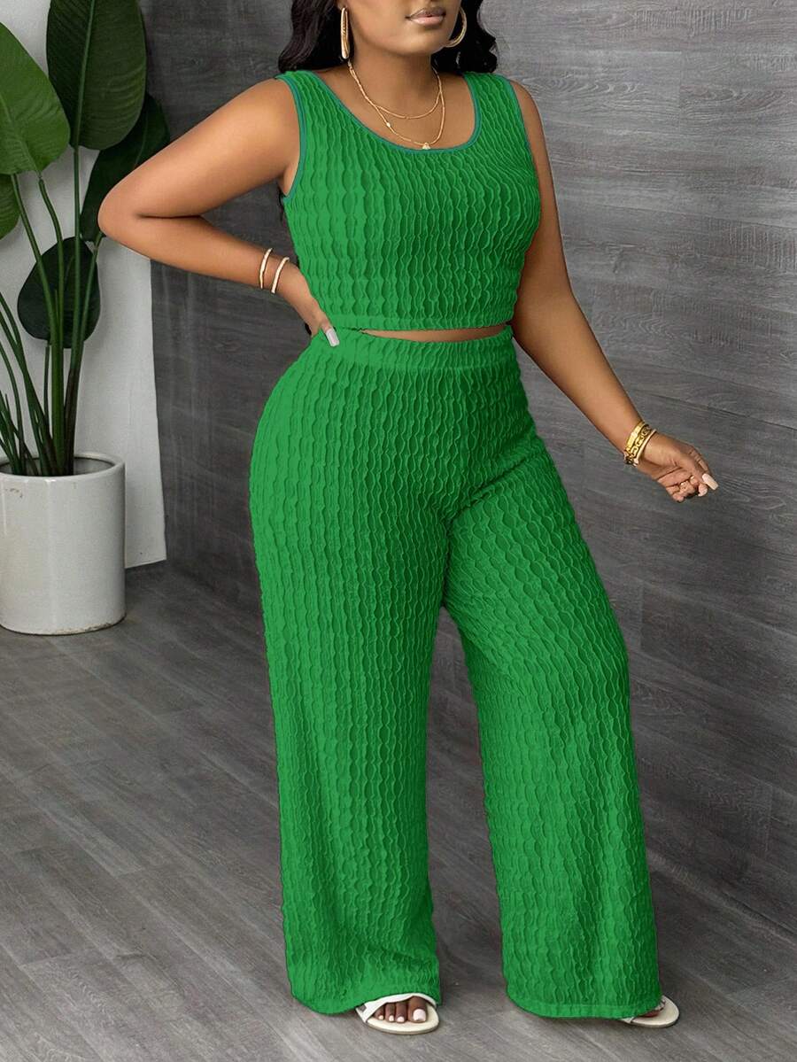 Slaydiva Plus Size Solid White Long Casual Vest And Wide Leg Pants 2 Pieces Set, Spring/Summer - Green - View 1