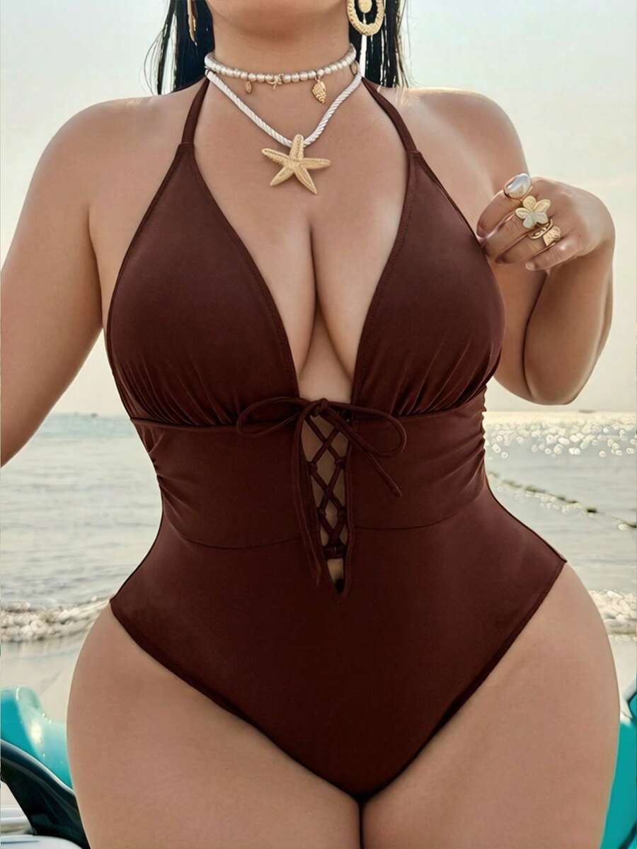 Swim SXY Áo tắm liền thân gợi cảm cổ yếm, màu trơn, dành cho nữ cỡ lớn - Cà phê nâu - Xem 1