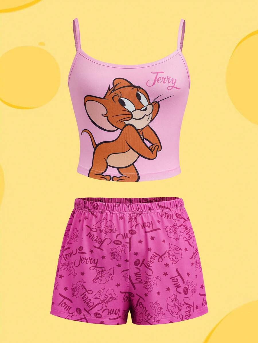 TOM & JERRY X SHEIN Bộ đồ ngủ nữ in hình hoạt hình gồm áo hai dây và quần short thời trang, đồ mặc nhà. - Hồng - Xem 1