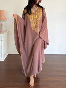 DAZY Robe ample à col en V et manches longues, robe de nuit pour femmes pour le printemps & l'été, pyjama - Tabac - Voir 6