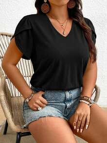 SHEIN Frenchy Camiseta de talla grande de verano, de unicolor y con espalda de encaje - Negro - Ver 3