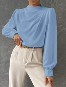 BizChic Blusa de manga larga con cuello plisado, manga farol, suelta - Versátil, elegante, urbana, de uso diario, romántica, estilo retro de los 90. Adecuada para Navidad, Año Nuevo, San Valentín, fiestas, playa, graduación, moda, casual, romántica. Apropiada para invitados de boda, anfitriones, salidas, citas, fiestas, conciertos, actuaciones, brunch, té, aeropuerto - Azul - Ver 6