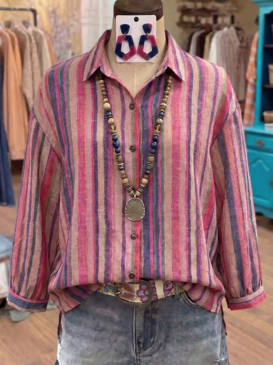 Linhara CURVE Plus Size Women Striped Print Casual & Work Comfortable Long Sleeve Shirt - Multicolor - View 1
