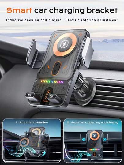 Teckwe Rotatable Car Phone Holder With Wireless Charging Function Stable Anti Slip ABS Material Adjustable Clamp One Button Retractable Black Silver Phone Mount For Drivers Daily Commute Long Distance Travel Business Trip Car Interior Accessories Smart Vehicle Supplies;The Product Is Equipped With A 150mAh Rechargeable Battery