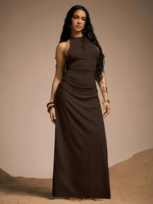 Hauture Women's Sexy High Neck Backless Maxi Dress With Bamboo Ring And Wooden Bead Decor - Brown - View 3