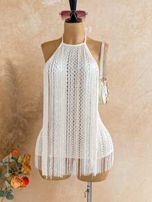 Soleia 春夏新款休闲度假西部海滩婚礼宾客礼服毕业早午餐圣帕特里克节春假复活节音乐节优雅波西米亚热带露背流苏吊带迷你连衣裙，适合情人节约会、派对等场合 - 白色 - 查看 6