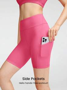 GLOWMODE 2 Pieces FeatherFit™ Sports Bra & 8'' Shorts Set Strappy Back Bra Tank Top With High Waist Side Pockets Biker Shorts Yoga Pilates Running Gym Summer - Blush Crush - View 5