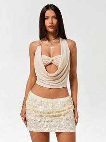 SHEIN ICON 2 chiếc áo croptop hở lưng dành cho nữ mùa hè, thích hợp dự đám cưới, hòa nhạc Coachella, đi nghỉ mát, dự tiệc, dạ hội, màu be, gợi cảm, màu trơn, có dây xoắn trang trí ngực, kiểu yếm. - Màu be - Xem 5