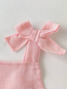 SHEIN 2件套女婴幼儿/新生儿0-3岁休闲日常可爱度假条纹蝴蝶结装饰吊带背心+短裤套装，春夏款 - 粉色 - 查看 6