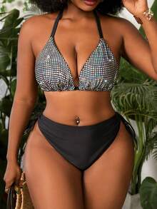 Slaydiva Áo bikini vải sequin cổ yếm cỡ lớn dành cho nữ - Nhiều màu - Xem 5