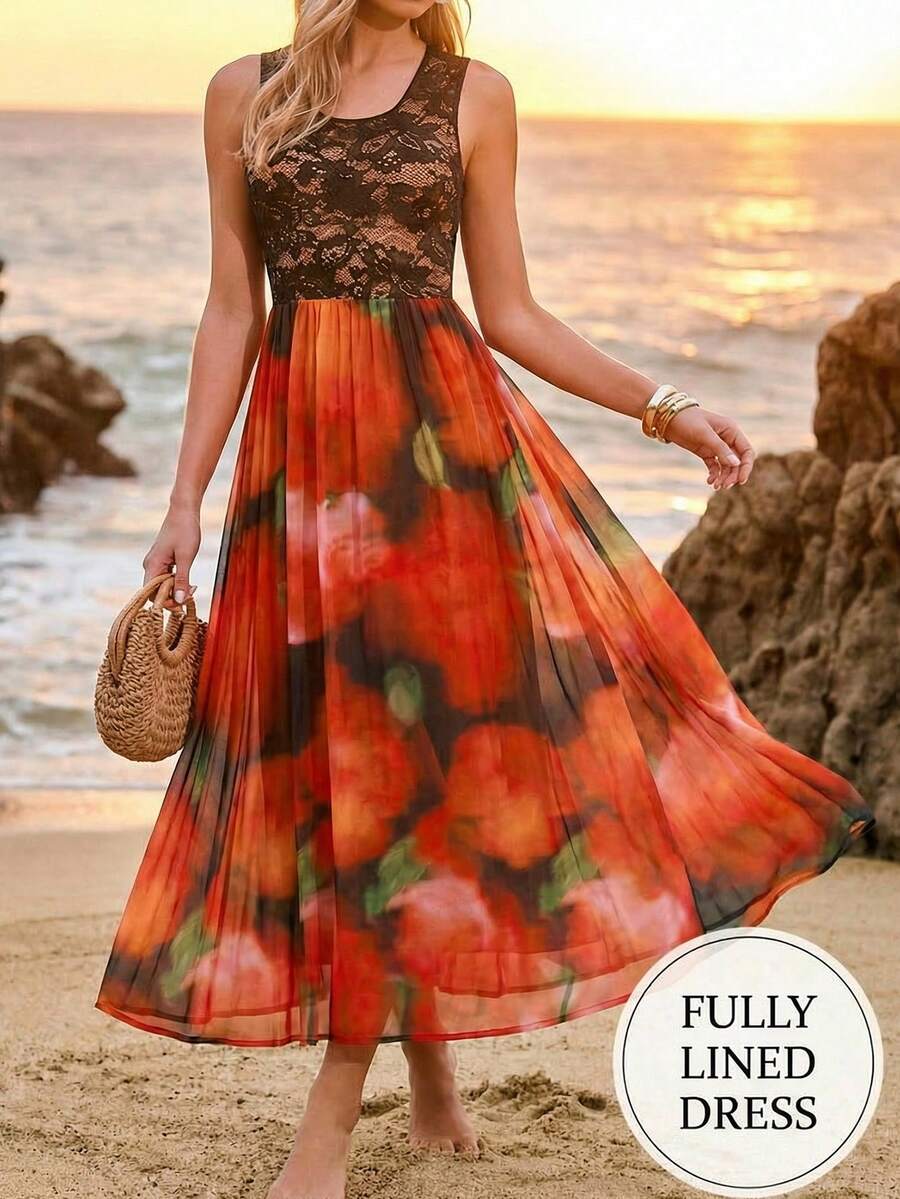 Amorya 花卉印花蕾丝拼接连衣裙 - 彩色 - 查看 1