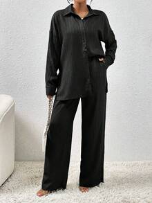 EMERY ROSE Autumn New Textured Fabric Casual Drop Shoulder Hem Slit Shirt And Practical Side Pocket Wide Leg Pants 2 Pieces Set For Women - Black - View 6