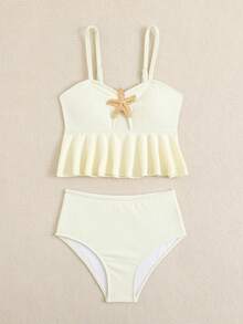 SHEIN Bộ đồ bơi hai dây tankini và quần tam giác trang trí kim loại dành cho bé gái tuổi teen, thích hợp cho kỳ nghỉ biển. - Màu be - Xem 4