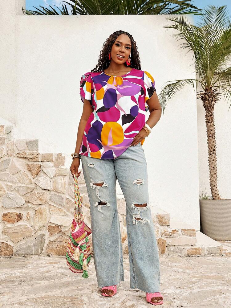 Plus Size Women's Early Spring Blue Petal Sleeve Blouse