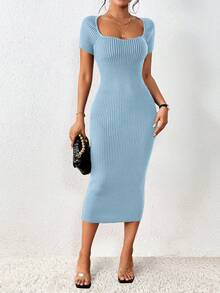 Selianne Fashionable, Exquisite, Elegant And Romantic Dual-Tone Textured Square Neck Bodycon Midi Sweater Dress, Stretchy - Baby Blue - View 6
