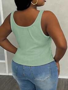 Slaydiva Women Plus Size Basic Deep V-Neck Sleeveless Slim Fit Ribbed Ruched Side Camisole Tank Top, White Semi-Sheer - Mint Green - View 6