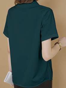 INAWLY 女式休闲纯色短袖百搭衬衫 - 藏蓝色 - 查看 2