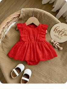 Newborn Baby Girl Cute Vacation Casual White Embroidered Floral Ruffle Romper - Red - View 2