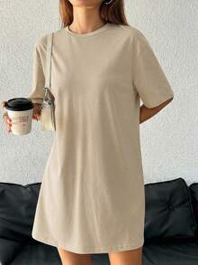 SHEIN EZwear Đầm ngắn tay cổ tròn dáng rộng thoải mái màu kaki cho nữ, thích hợp cho mùa hè. - Màu Khaki - Xem 6