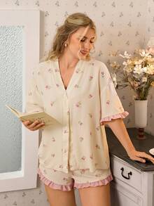 CottageSlumber Set pigiama da donna taglie forti con stampa di rose rosa, stile kimono, maniche corte e pantaloncini - Albicocca - Visualizzare 5