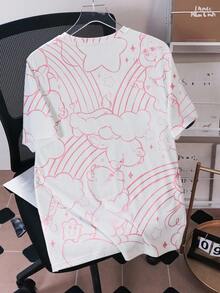 SHEIN X Care Bears Camiseta holgada con estampado de oso de dibujos animados y arcoíris para hombre, estilo casual y de moda para el uso diario en verano - Blanco - Ver 2