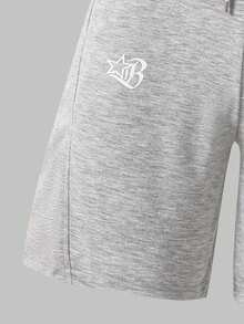 Coolqubz 1 chiếc quần short dệt kim thường ngày dành cho nam thiếu niên, chất liệu thoải mái, thiết kế ôm sát, phù hợp cho nhiều dịp, bộ sưu tập xuân/hè mới. - Xám - Xem 4
