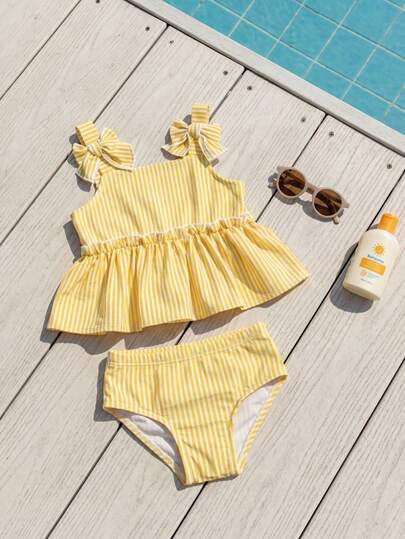 SHEIN 女婴蝴蝶结装饰条纹荷叶边可爱泳衣套装