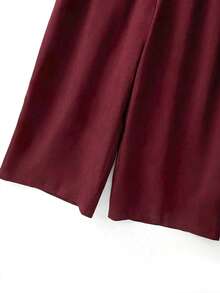 SHEIN PETITE CURVE 大码女士休闲纯色V领无袖金属扣腰带长款连体裤，适合居家和通勤；酒红色连体裤；阔腿连体裤；女士裤装；派对连体裤；优雅长款连体裤 - 酒紅色 - 查看 8