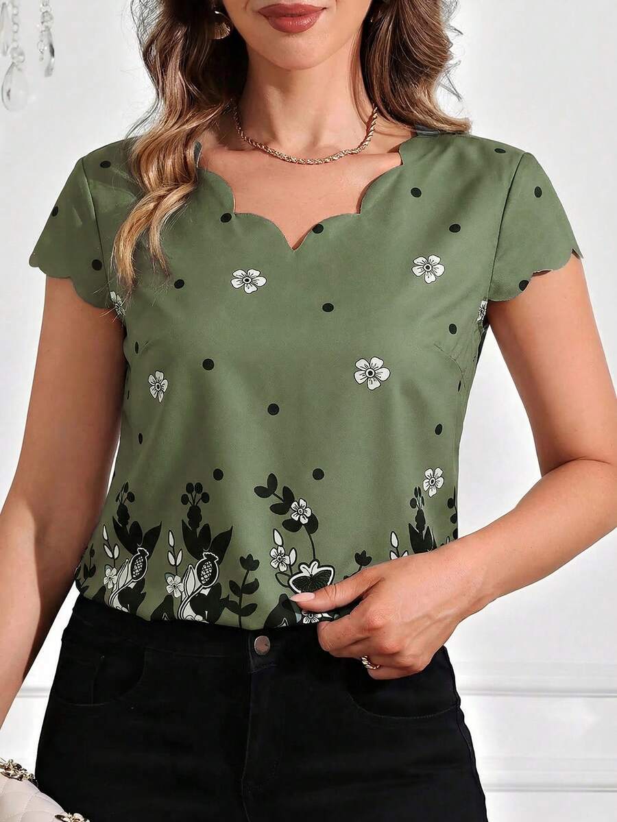SHEIN Clasi Ruffle Collar Printed Short Sleeve Shirt,Summer Top - Green - View 1