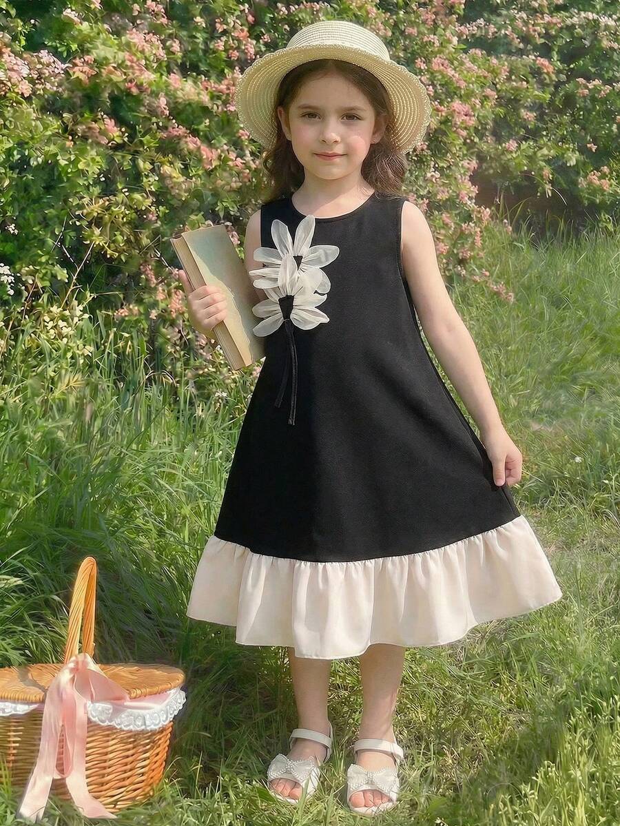 Elladie kids 春夏女童优雅甜美无袖圆领中长连衣裙，酒红色主体搭配象牙色荷叶边下摆，饰有3D雏菊图案和珍珠点缀，尽显淑女风范，适合生日派对、家庭聚会、郊游等场合。女童夏季新款珍珠蝴蝶结无袖荷叶边A字连衣裙，时尚优雅公主风，通勤必备。