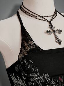 SHEIN ICON 大码女式哥特蕾丝拼接衬衫 - 黑色 - 查看 11