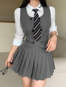 DAZY Women's 2-Piece Set: Collegiate Style Vest Cardigan Top And Pleated Skirt, Suitable For Spring, Autumn, Summer, Back To School, Graduation Season - Grey - View 1