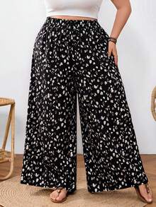SHEIN CURVE+ Quần ống rộng cạp chun in họa tiết dành cho nữ cỡ lớn - màu đen - Xem 4