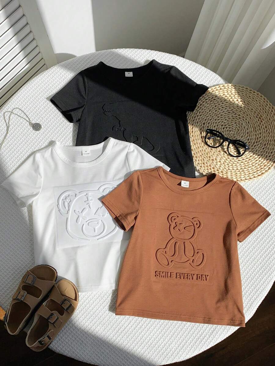 SHEIN Bộ 3 áo thun nam phong cách Hàn Quốc, in 3D hình gấu và khủng long dễ thương. - Nhiều màu - Xem 1