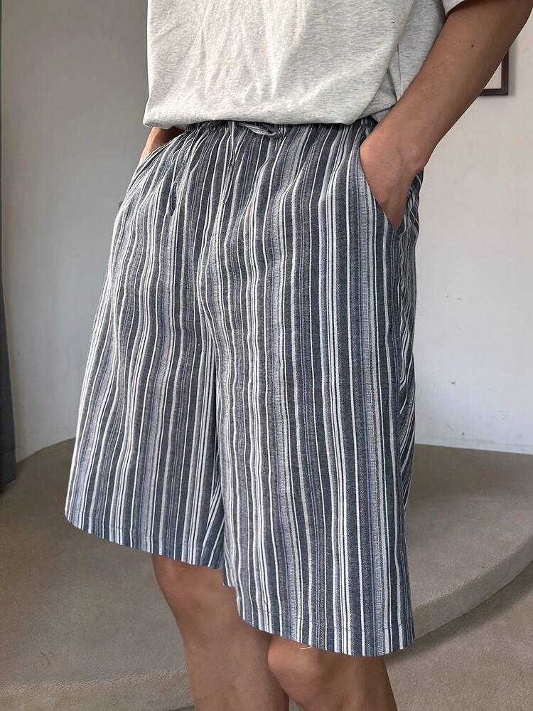 Men's Striped Gray Casual Shorts, Summer Loungewear