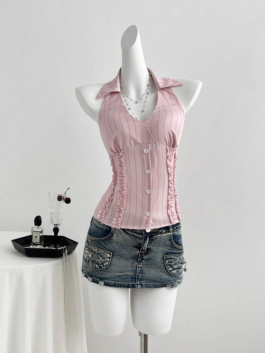 Sweetra Áo sơ mi nữ mùa hè kẻ sọc cổ chữ V, viền bèo nhún phía trước, cài cúc. - Hồng - Xem 1
