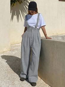 DAZY Quần yếm denim nữ kẻ sọc dáng rộng, có thể điều chỉnh, kiểu dáng thường ngày thành thị. - Màu xanh lam - Xem 1