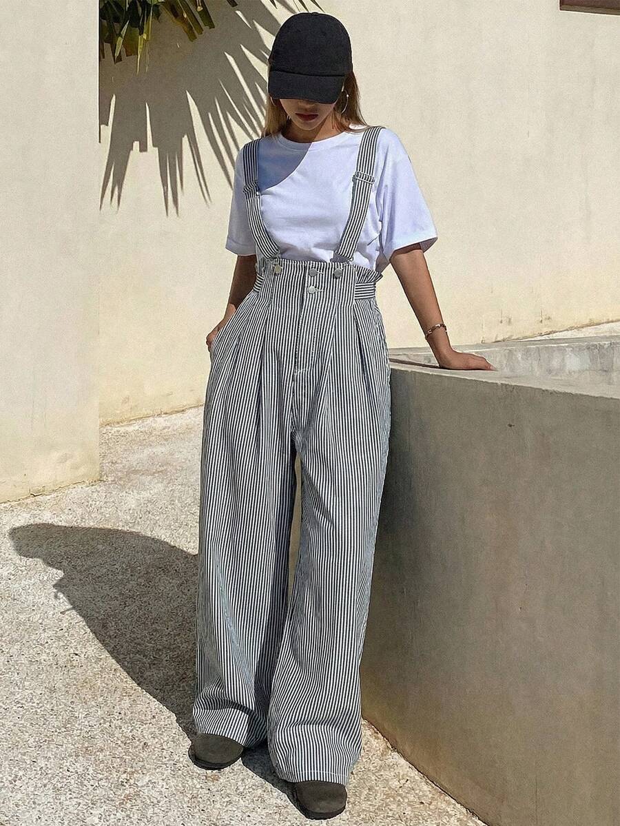 DAZY Quần yếm denim nữ kẻ sọc dáng rộng, có thể điều chỉnh, kiểu dáng thường ngày thành thị. - Màu xanh lam - Xem 1