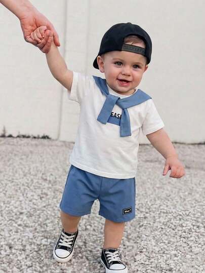 Bubblio 3件套/组 男/女婴夏季可爱针织印花短袖上衣、松紧腰短裤、披肩三件套，适合生日派对、晚宴、演出、婚礼、迎婴派对、一周岁生日庆祝等场合。