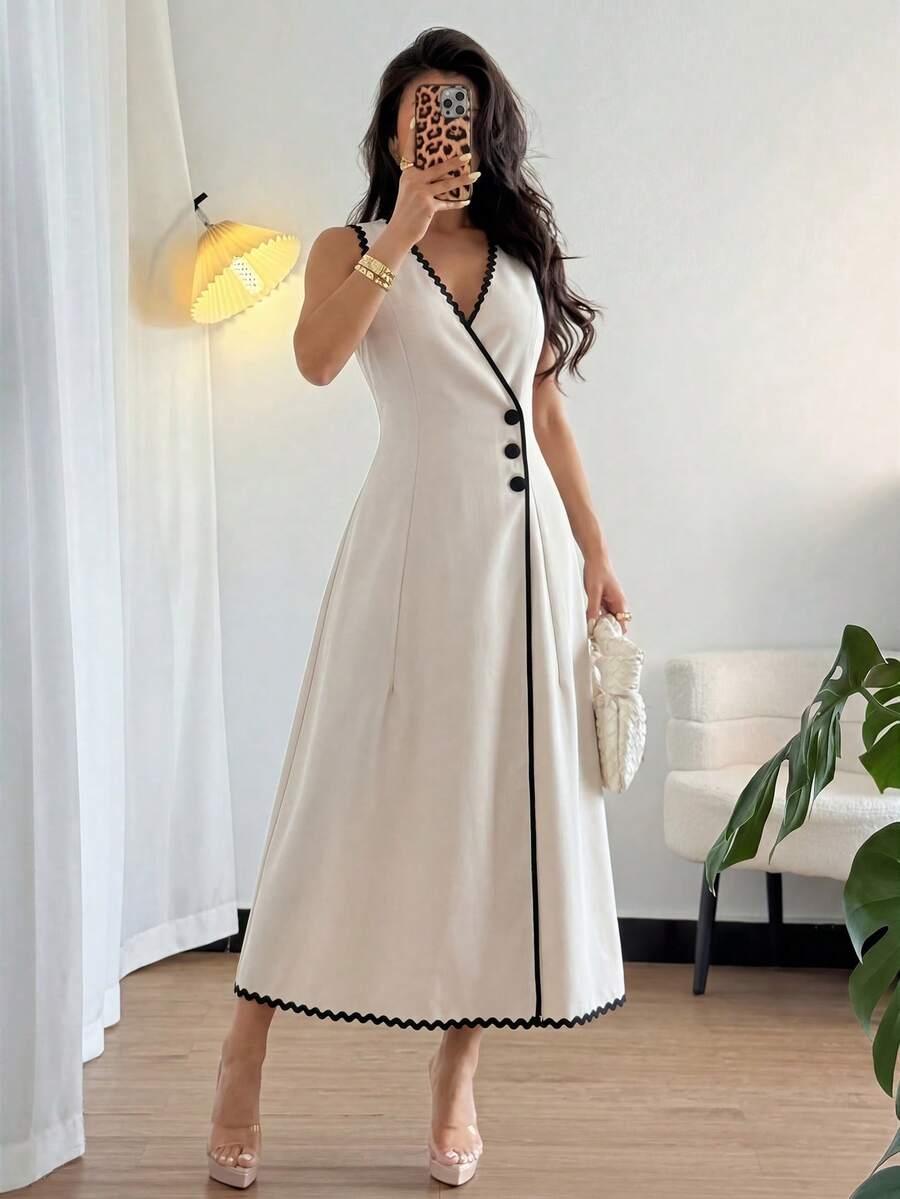 Rafferiza Vestido casual de estilo vacacional para mujer con cuello en V y volantes 3D, ajuste favorecedor con cintura ceñida, color melocotón claro - Albaricoque - Ver 1