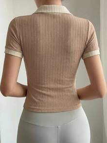 Joudiya Ladies' Color Block Trim Polo Neck T-Shirt Summer,Crop Tops Women - Khaki - View 12