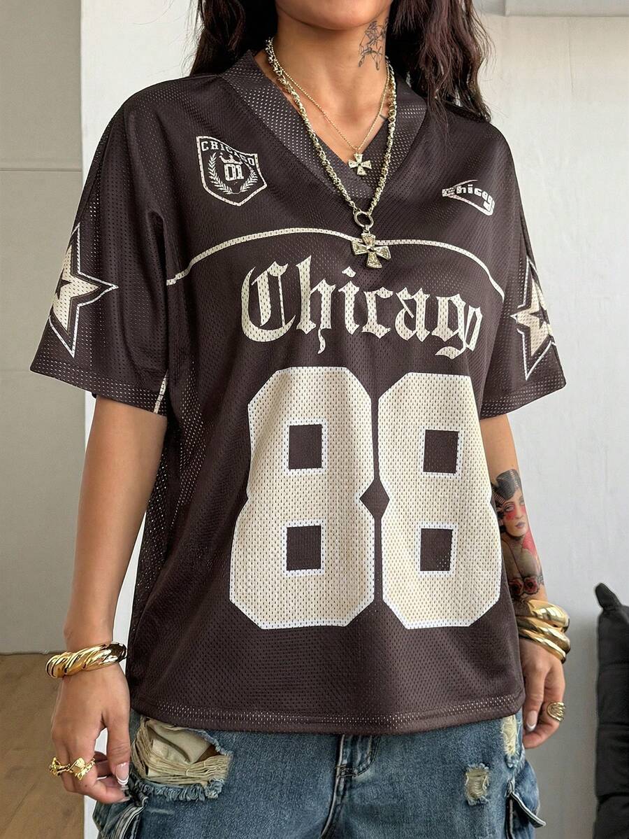 Coolane Women's Spring And Summer Y2K Streetwear Vintage Breathable Mesh Graphics Number Pattern Football T-Shirt - Multicolor - View 1