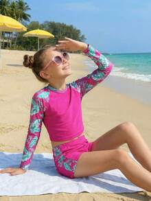SHEIN Tween Girl Raglan Sleeve Tropical Plant Print Top And Shorts Swimsuit Set - Hot Pink - View 5