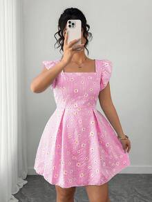 Elenzga Plus Size Women's Pink Summer Cute Daisy Floral Square Neck Puff Sleeve A-Line Dress,Striped Picnic Mini Dresses,Retro Sweet Ditsy Print Short Sleeve - Red - View 6