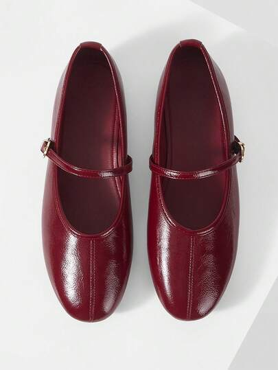 Mnmlis Retro Burgundy Mary Jane Shoes, Soft Leather Low Vamp One Word With Women's Shoes