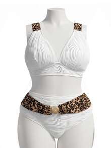 Swim Lushoire Plus Size Women Beige Wavy Pattern Bikini Set, Triangle Top And Bottom, Beach Vacation Swimwear - Multicolor - View 7