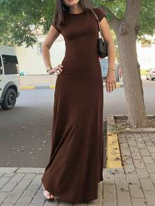 INAWLY Solva Women's Solid Color Round Neck Elegant Waist Cinched Long Party Dress - Coffee Brown - View 2