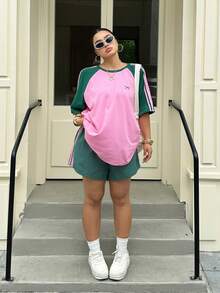Muchica Plus Size Women Pink Pastel Pink Raglan Sleeve T-Shirt And Shorts Casual 2 Pieces Set Office Workout Summer - Multicolor - View 6